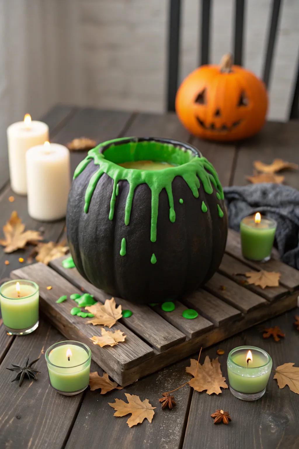 Pumpkin kettle featuring a bubbly emerald foam illusion.