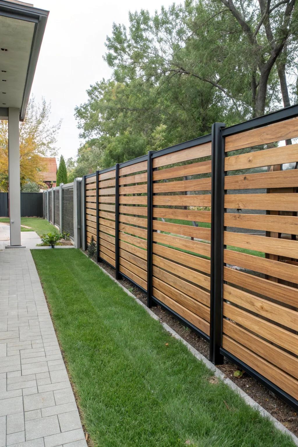 A contemporary minimalist fence showcases horizontal wood slats and robust metal frameworks.