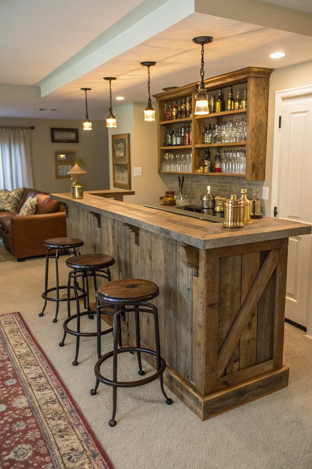 A bar crafted from reclaimed wood, offering a warm and inviting atmosphere.