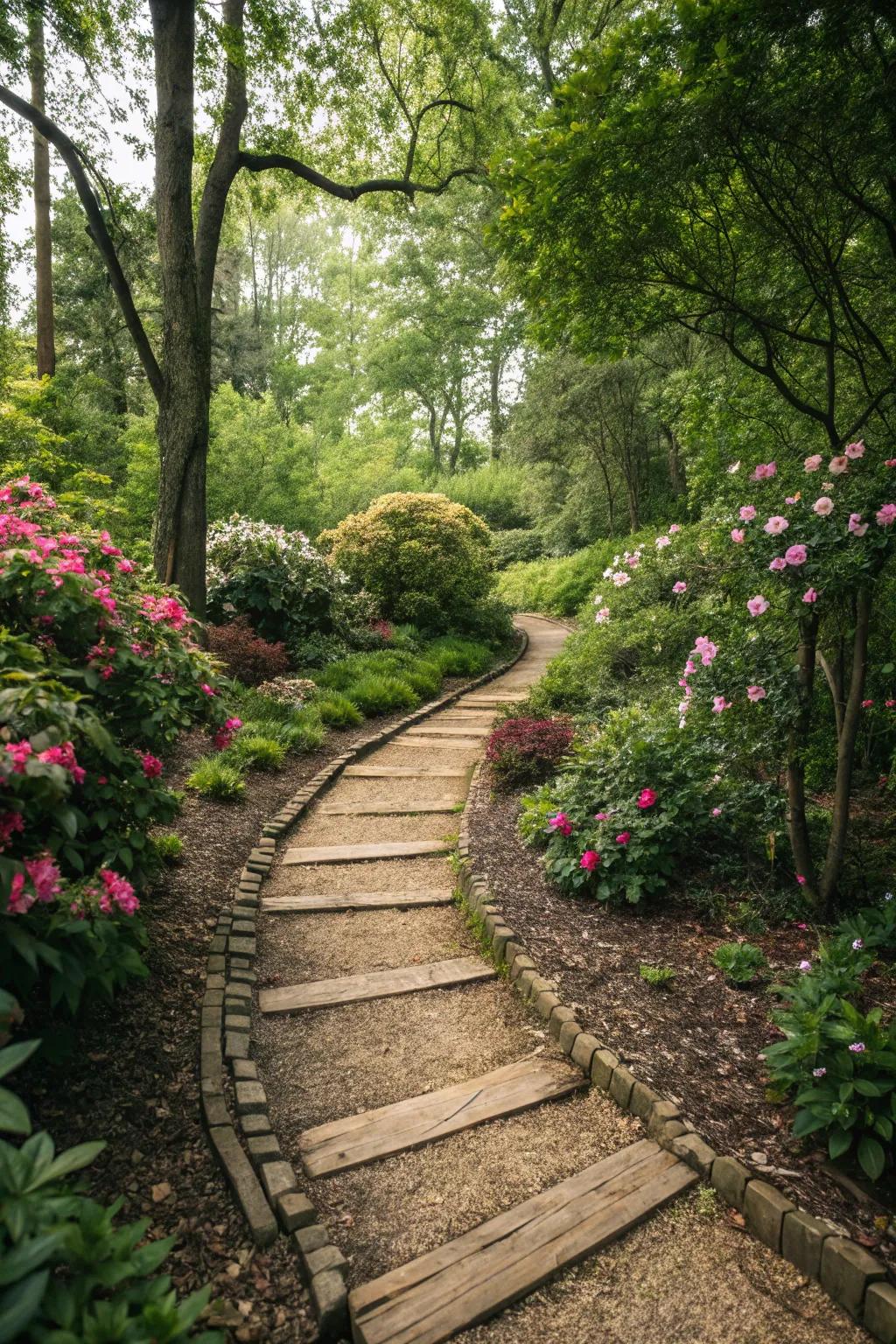 Trails lined with natural <strong>wood chips</strong> beckon exploration and infuse charm into any garden setting.” loading=”lazy” class=”pimg”>
	</picture><figcaption>Trails lined with natural <strong>wood chips</strong> beckon exploration and infuse charm into any garden setting.</figcaption></figure>
<p>Using <strong>wood chips</strong> to define garden paths is not only budget-friendly but also incredibly appealing. I’m captivated by the sensation they offer underfoot and how seamlessly they harmonize with the landscape.</p>
<h3>Useful items to consider:</h3>
<ul class=