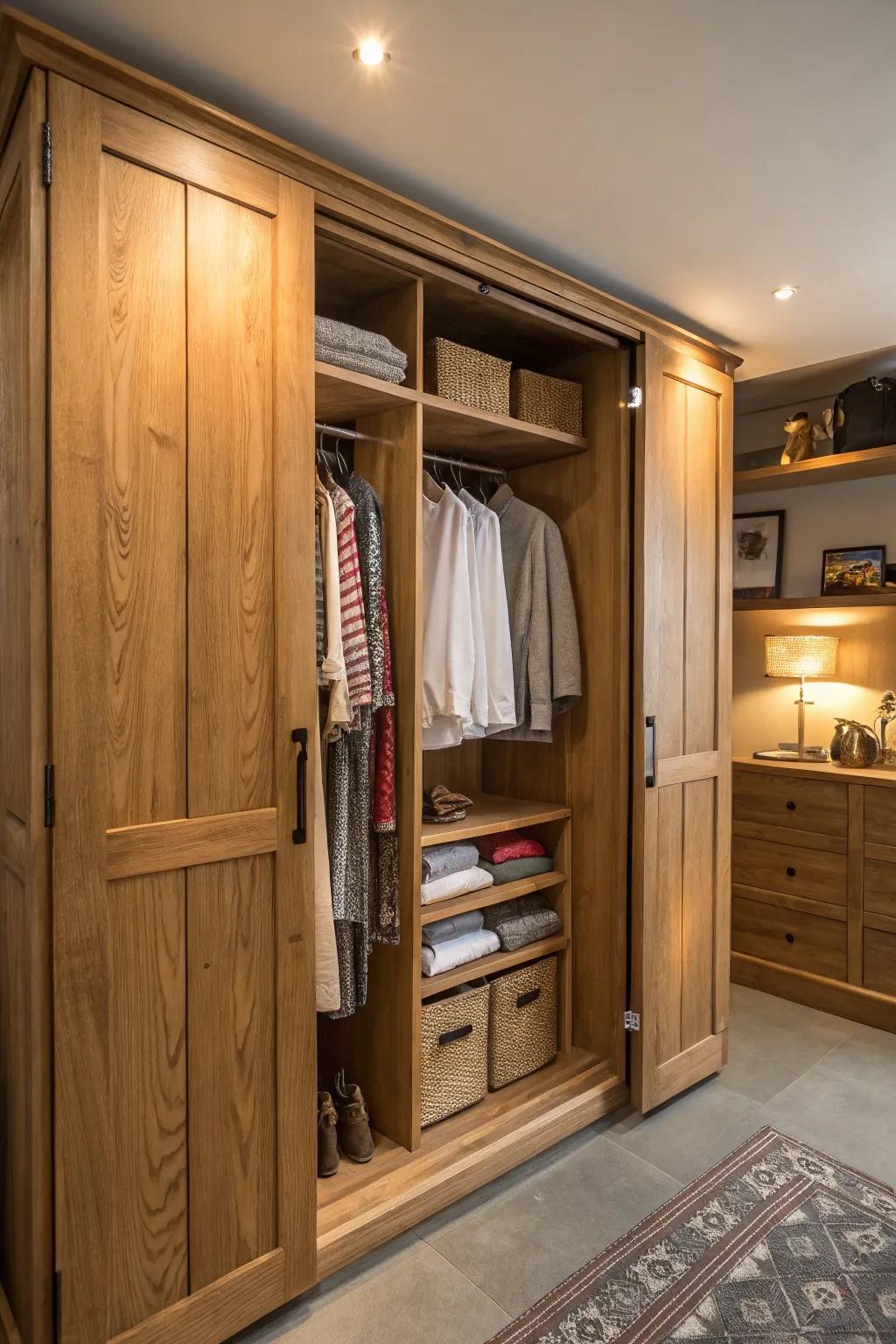 A closet that honors the inherent charm of natural wood.