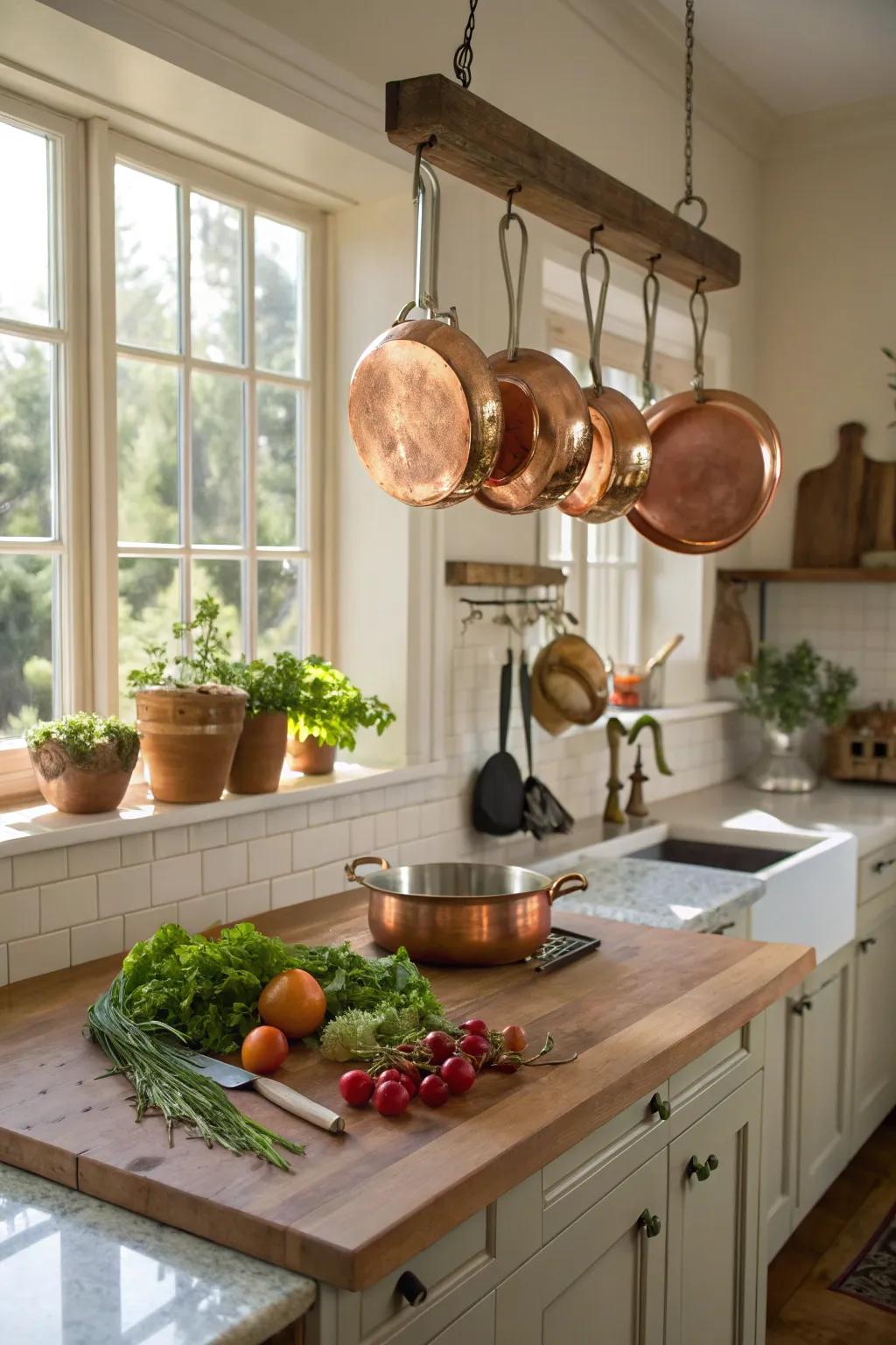 A classic butcher block countertop radiating warmth and a hint of tradition.