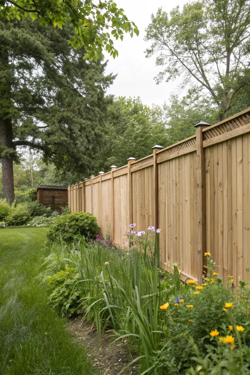Solid wood panel fences create the ultimate private backyard sanctuary.
