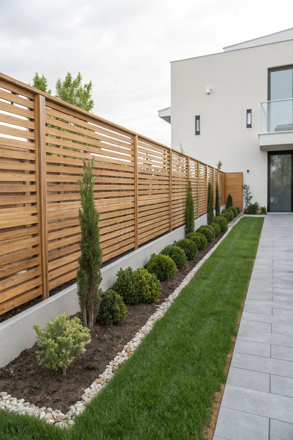 A horizontal slat fence lends a contemporary feel to any outdoor area.