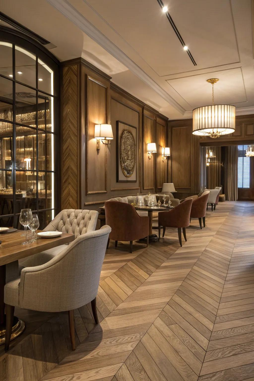 Classic herringbone wood flooring in a refined interior space.