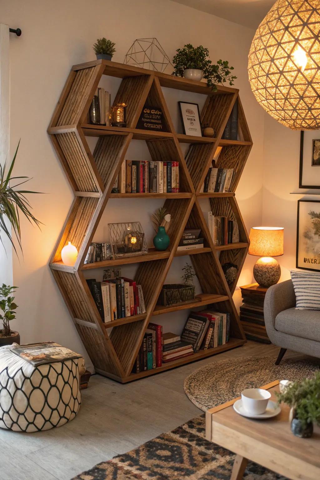 Modern geometric wood bookshelves as a stylish storage solution