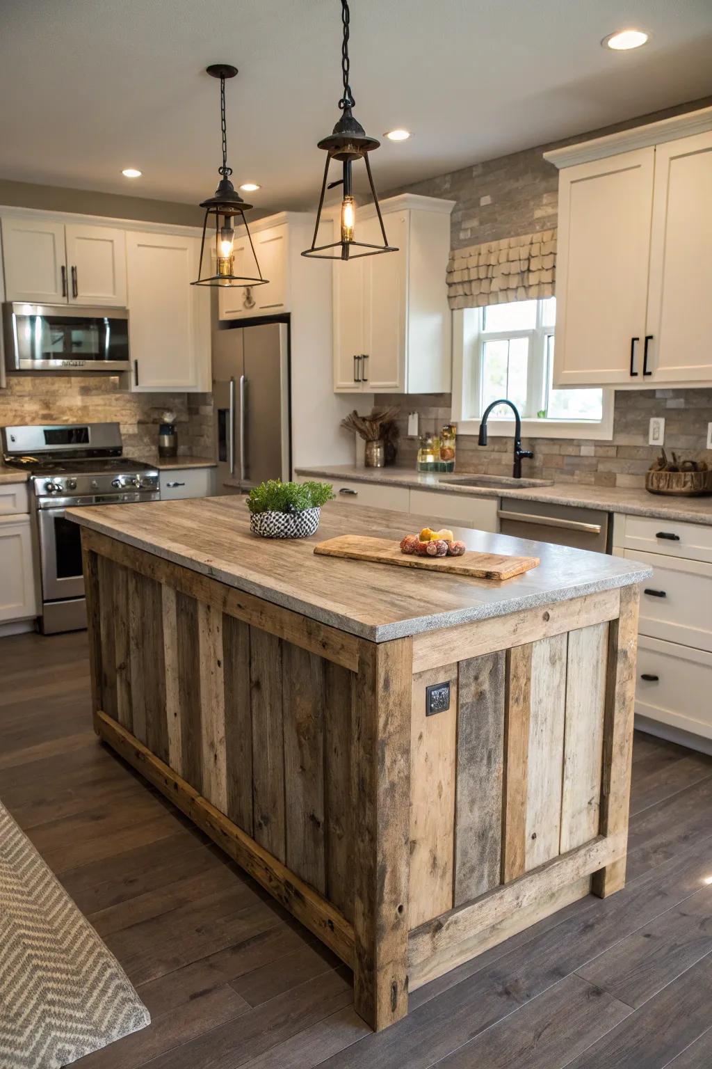 A countryside island made from reclaimed timber, infusing charm and warmth into a contemporary kitchen.