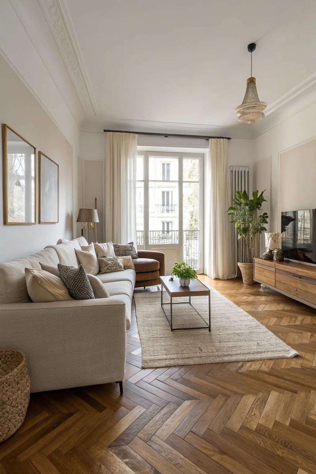 A sleek living area showcasing a herringbone wood floor, radiating elegance.
