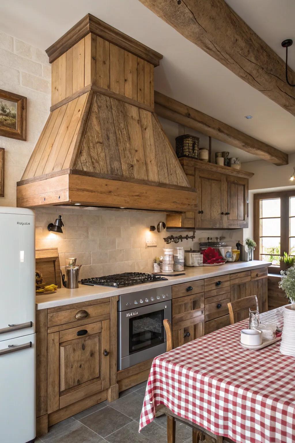 A country-style wooden ventilation hood makes any kitchen feel warm and welcoming.