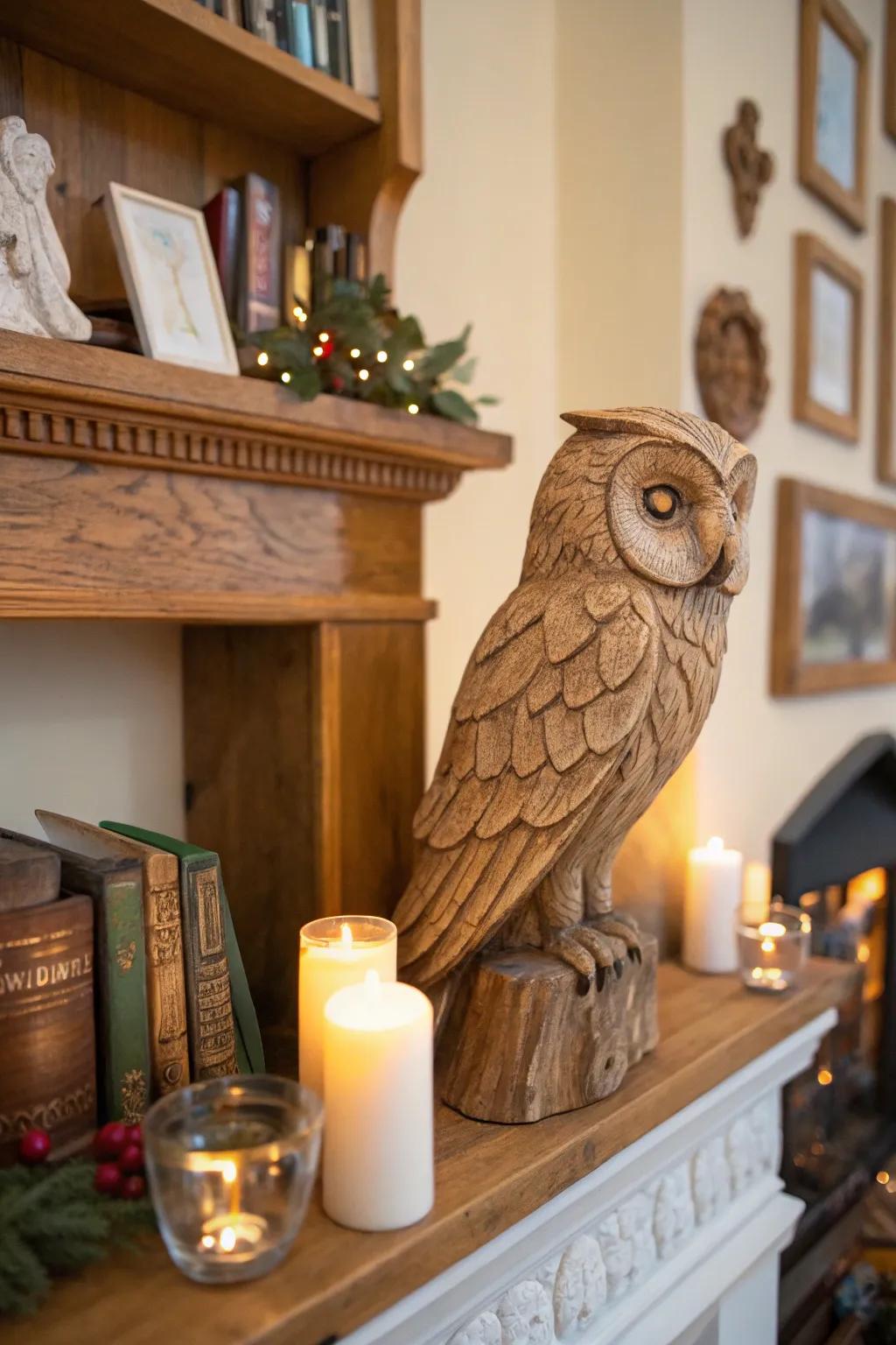 Usher the outdoors in with a delightful wooden owl sculpture.
