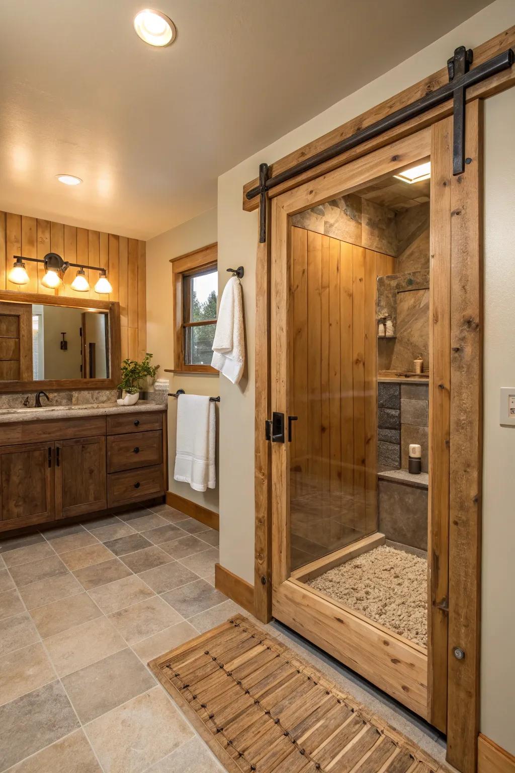 Enhance your bathroom's rustic charm with a solid wood framed shower door.