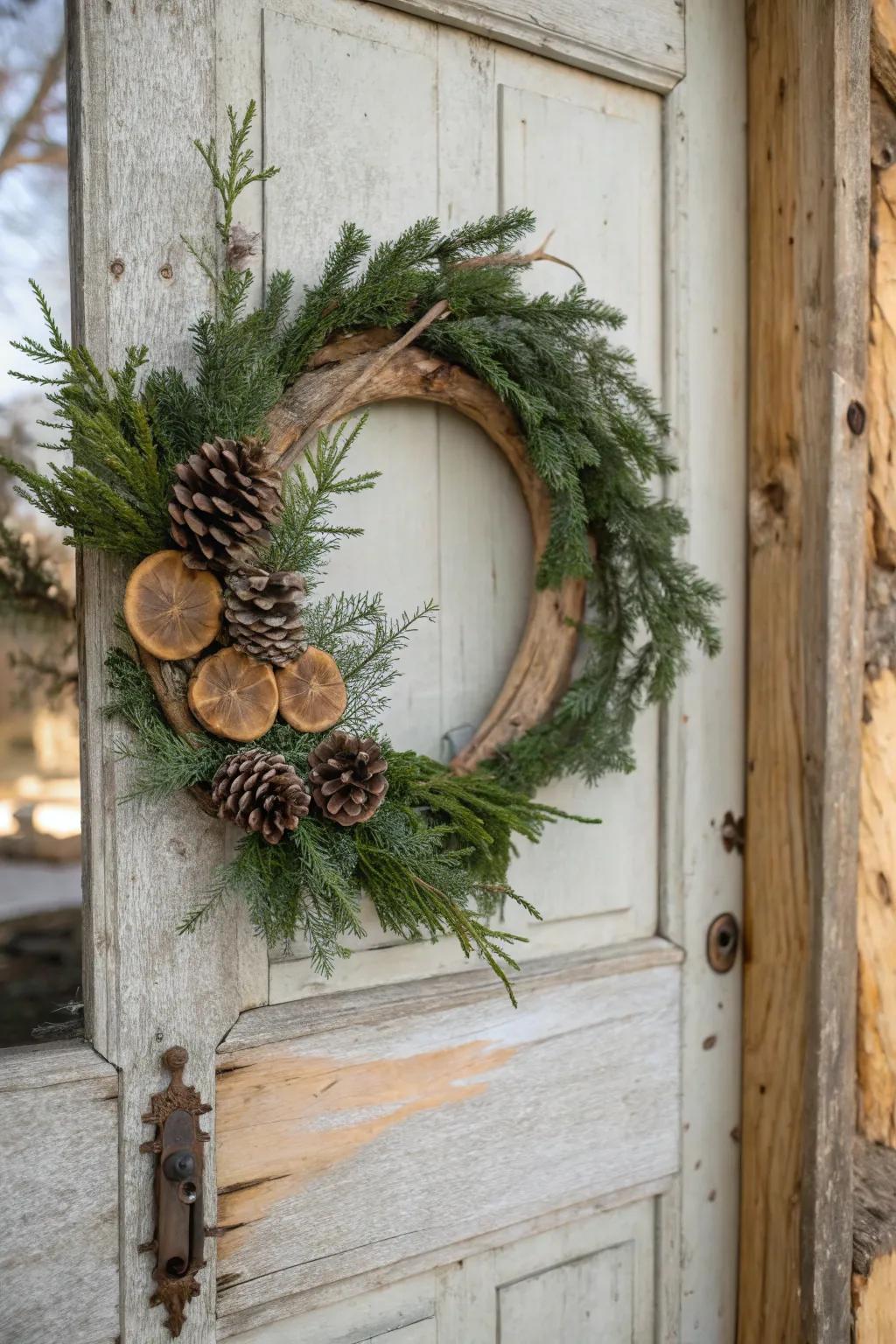 Timeless evergreen and wood circle wreath for a classic appeal.