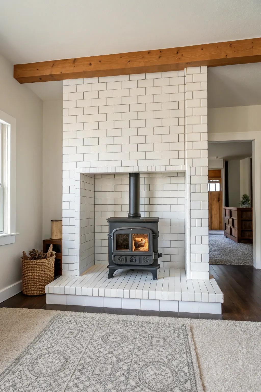 A minimalist tile surround provides a calm and modern backdrop for your wood stove.