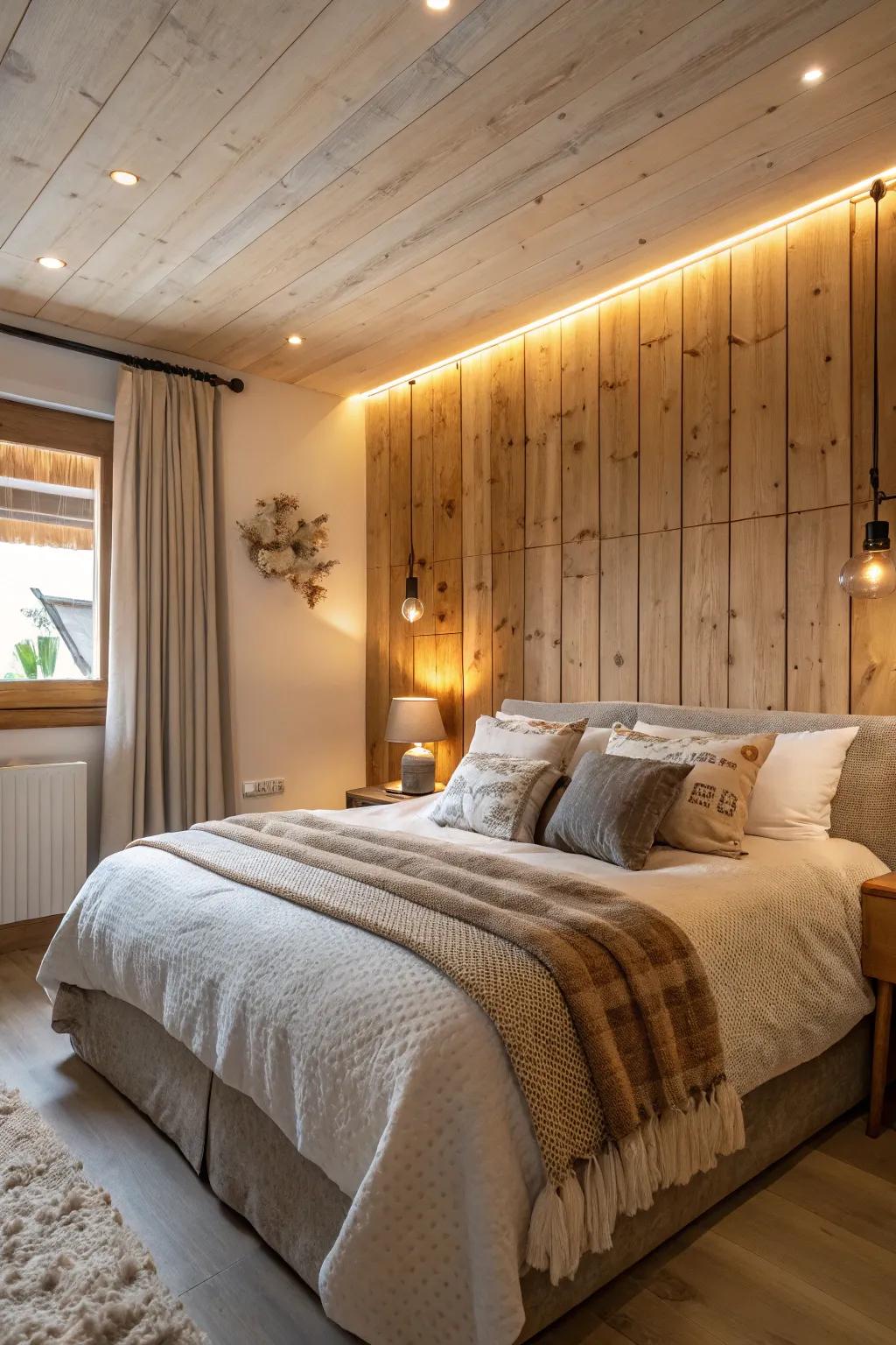 A bedroom beautifully transformed with a warm wood panel accent wall.