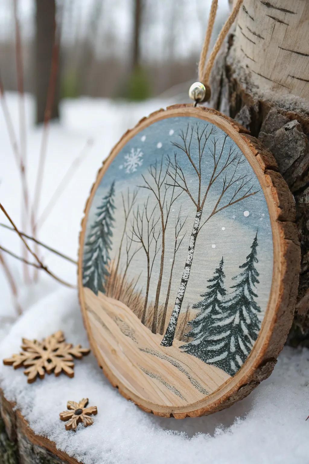 A winter wonderland painted by hand on a wooden disc.
