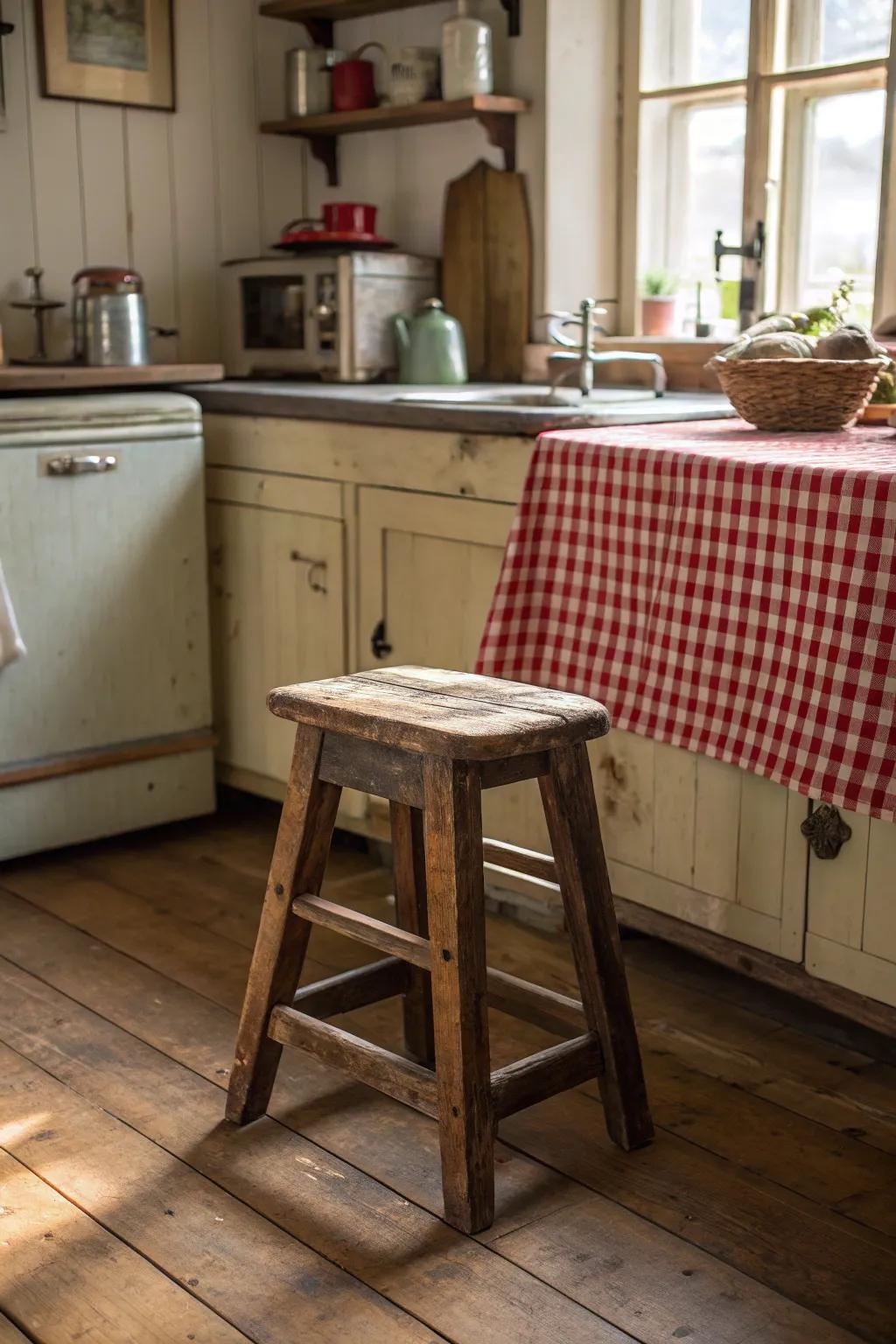 A classic hardwood stool gives your kitchen a rustic, country feel.