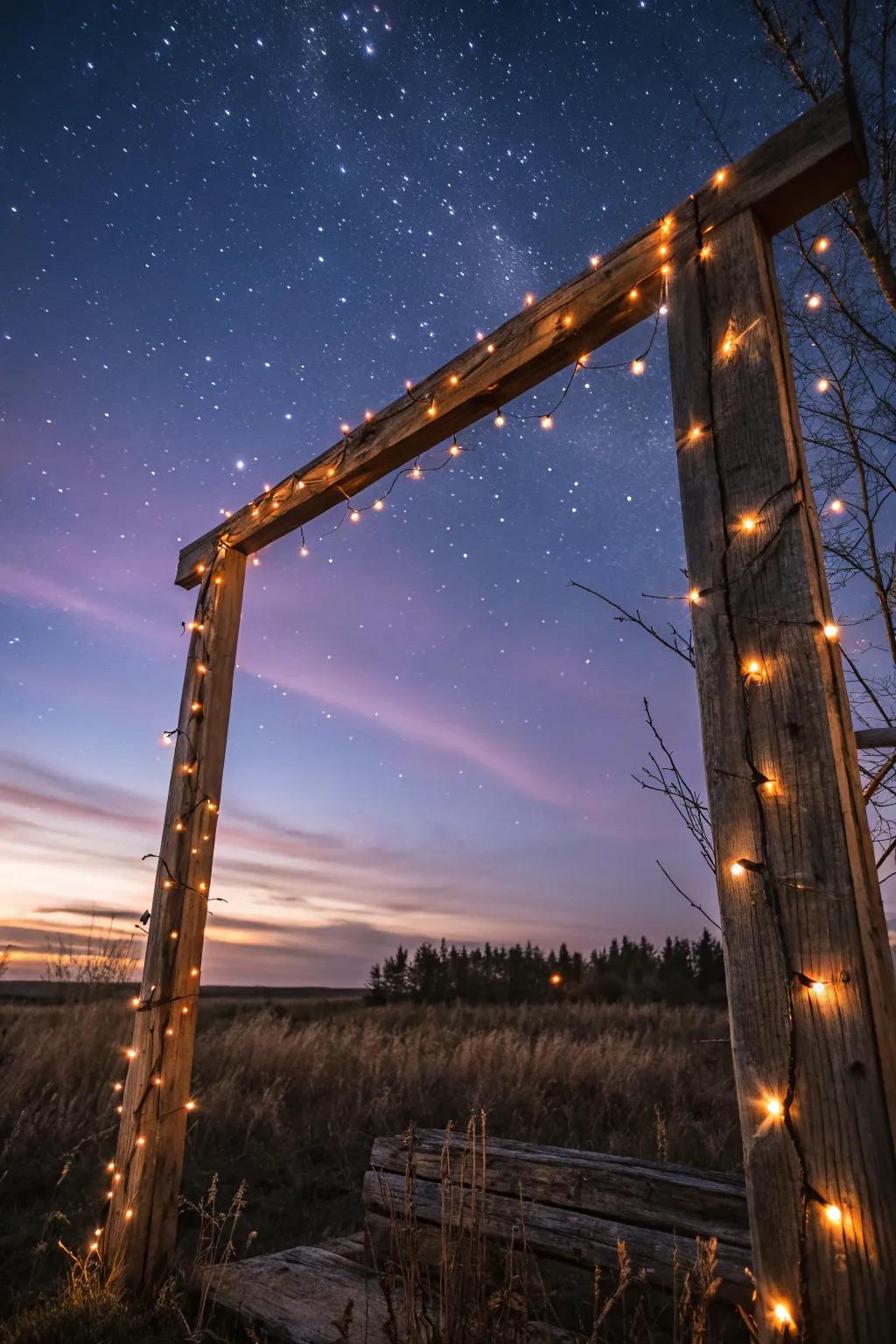 A wooden frame adorned with twinkling lights crafts an idyllic and amorous backdrop for an evening wedding.