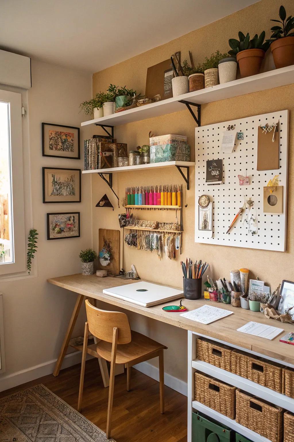 Using wall space keeps the studio tidy and open.