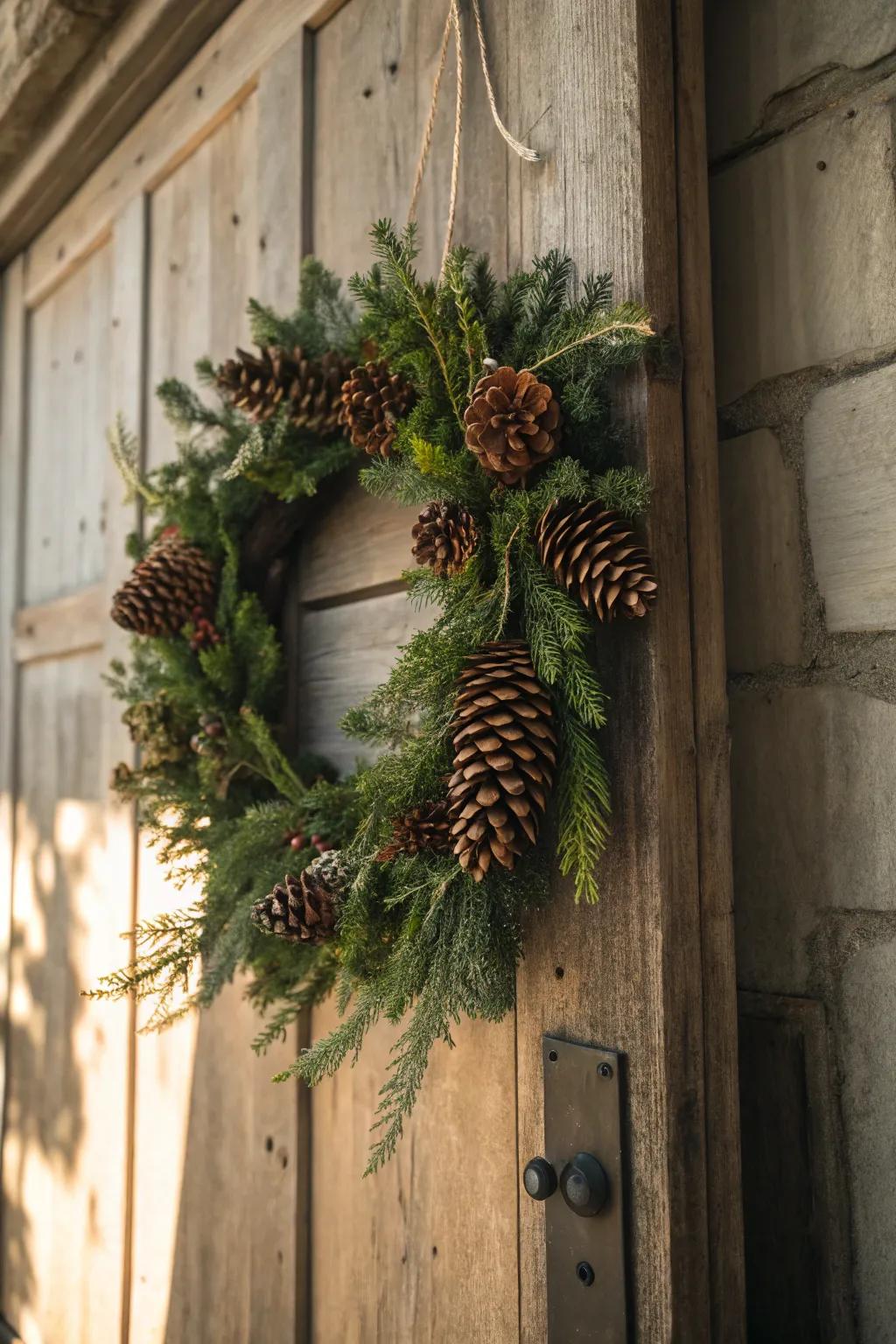 A wreath depicting the serene spirit of a woodland getaway.