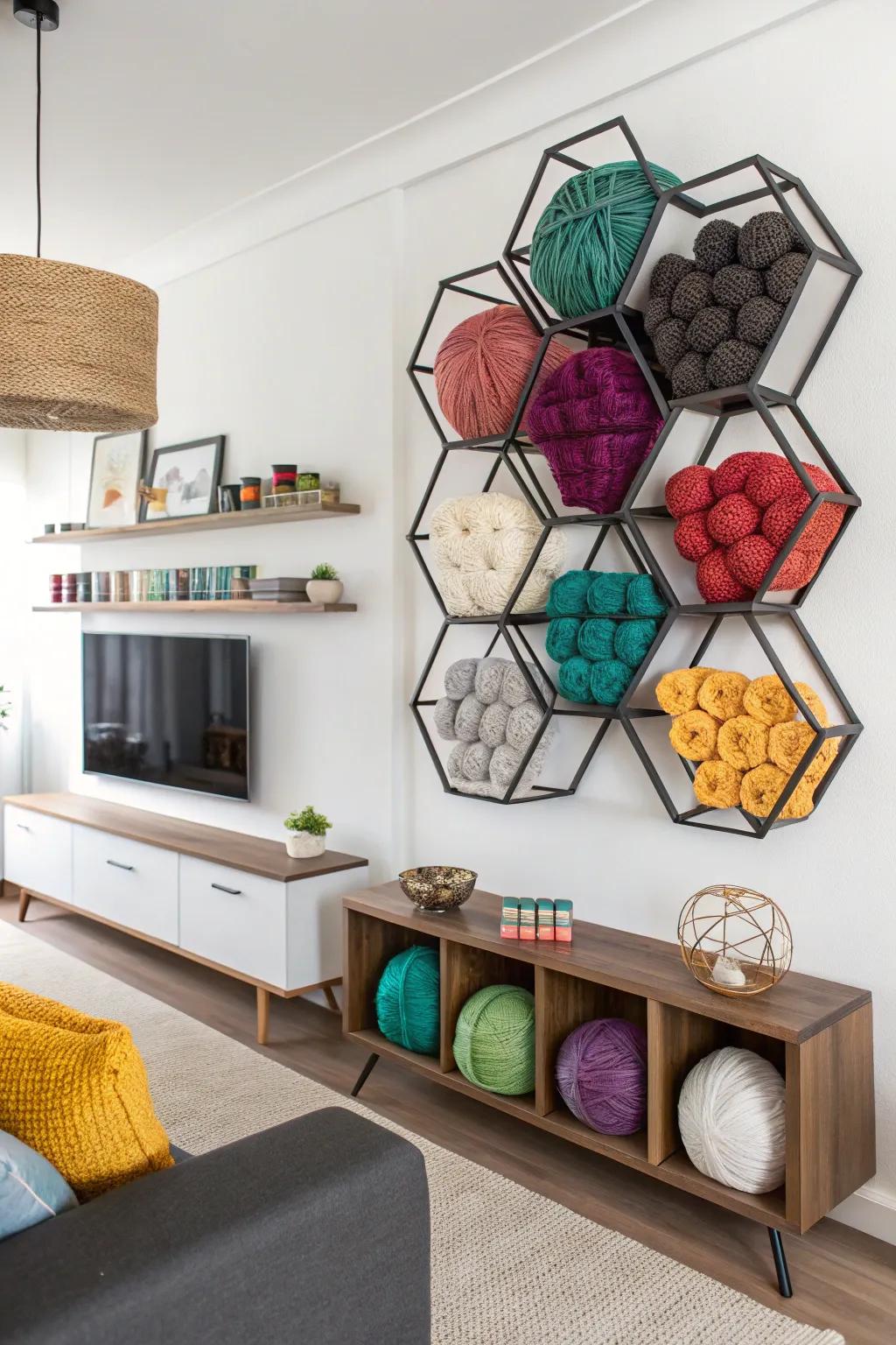 Artistic wall-mounted shelves transform yarn storage into a display of art.