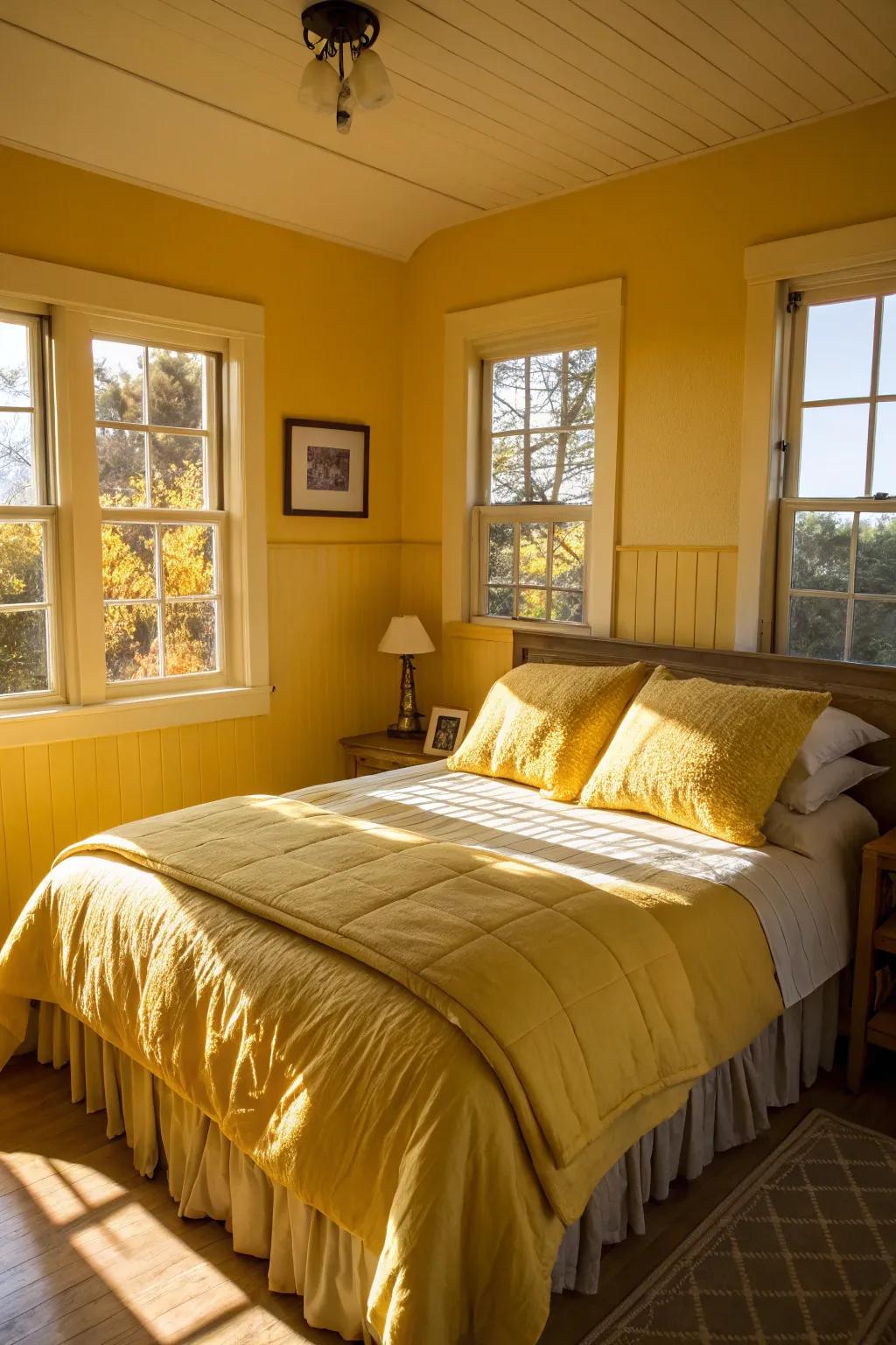 A peaceful bedroom featuring soft yellow shades.