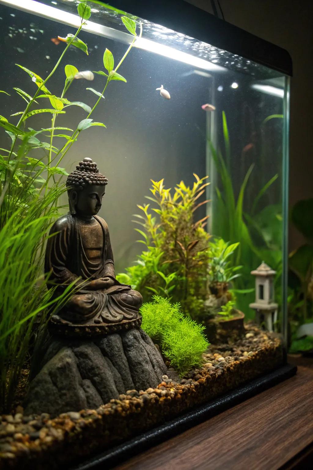 A Buddha figure brings peace to this zen-inspired fish tank.