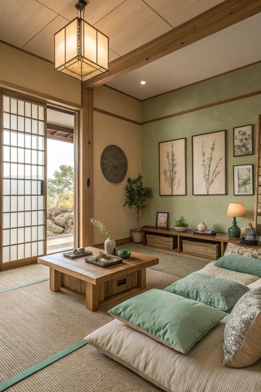 A zen living area displaying natural hues for a serene environment.