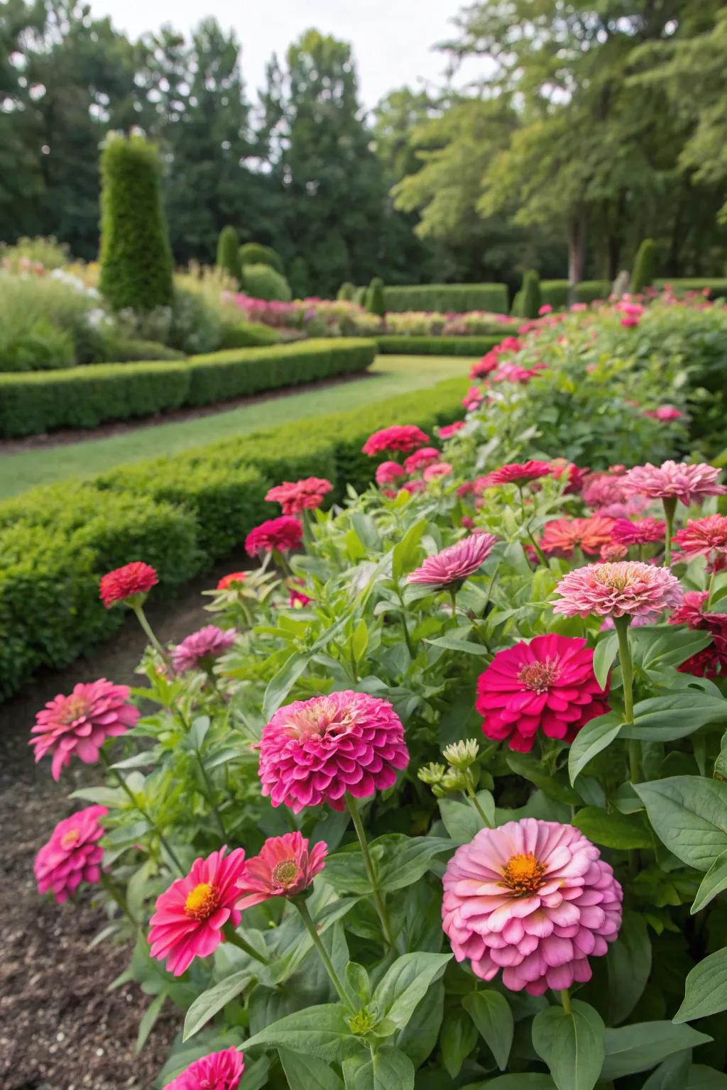 A harmonious lavender zinnia display presenting diverse tones and abundant foliage.