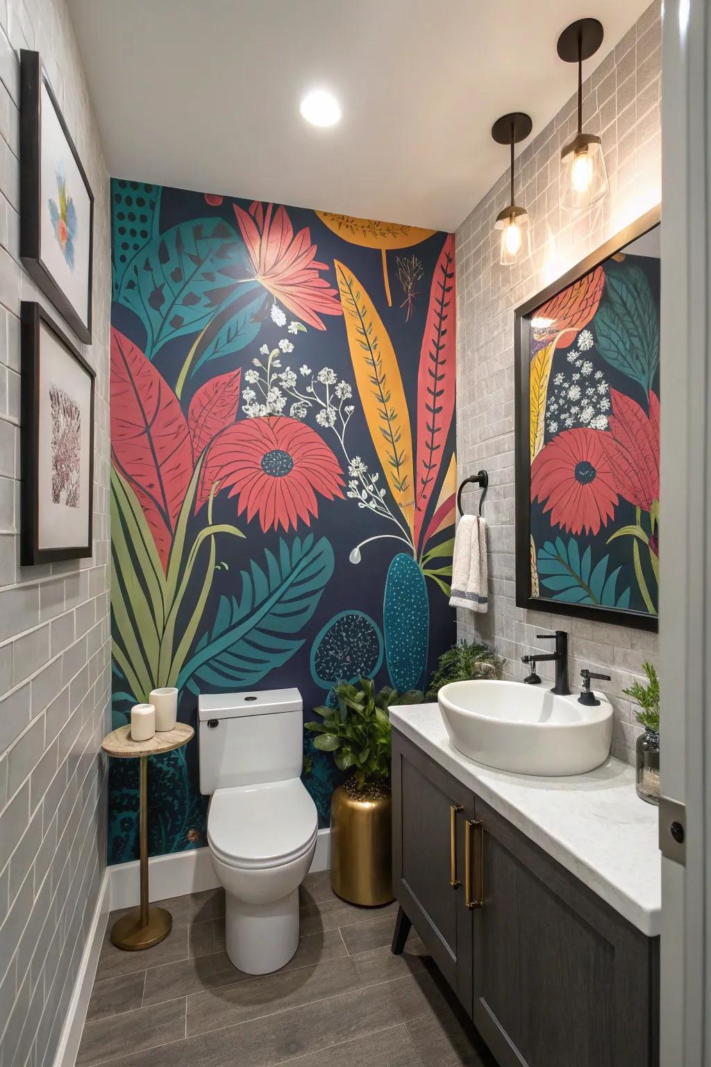 A striking mural turns this powder room into a conversation piece.