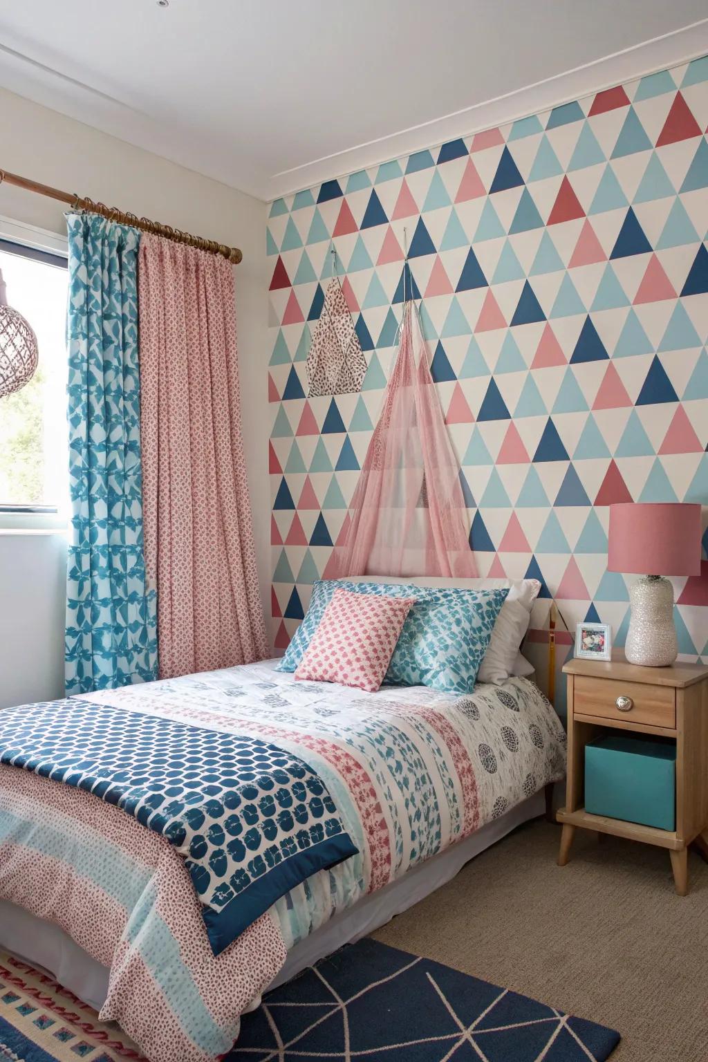 Geometric patterns add a modern touch to the bedroom decor.