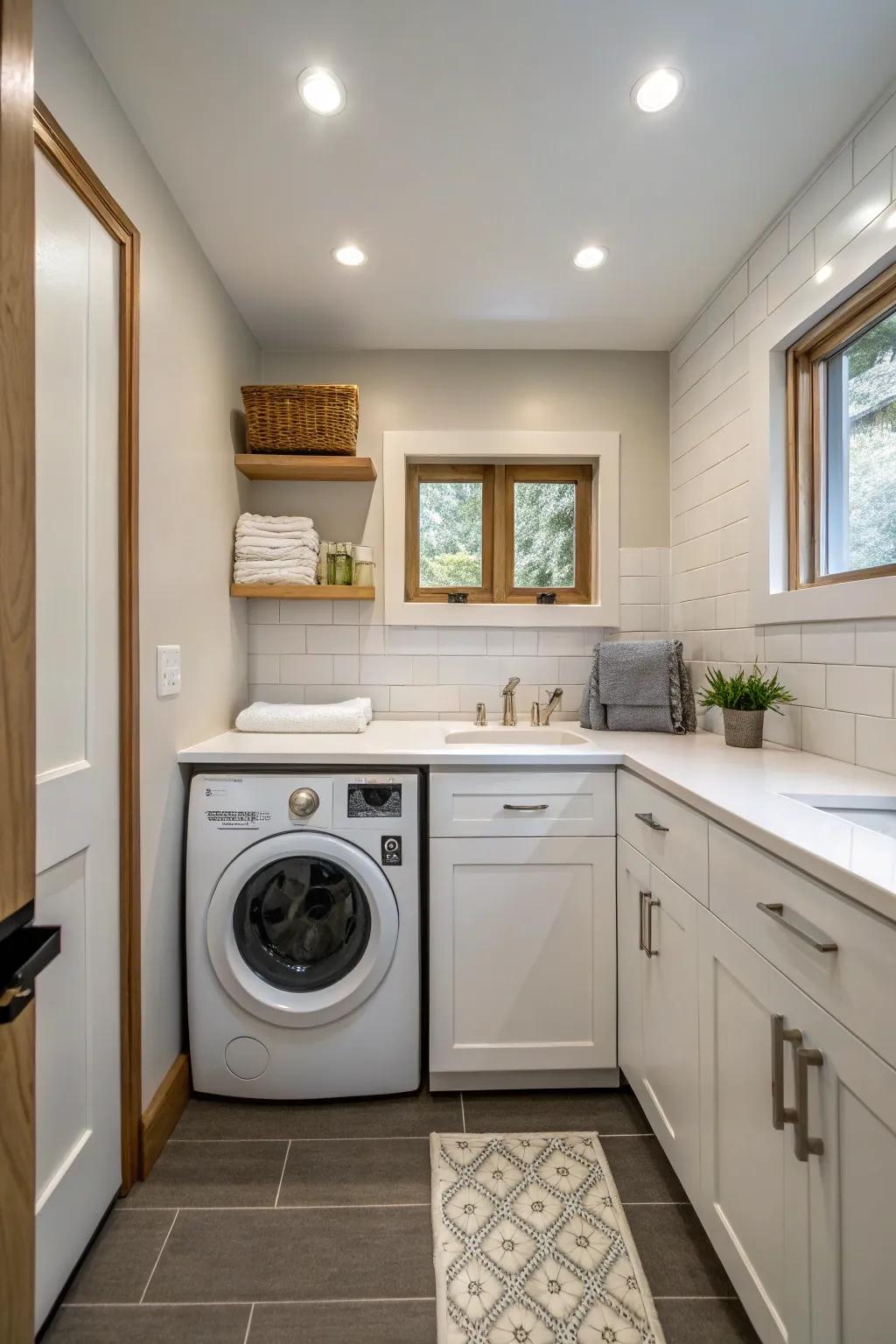Integrated laundry spot within the bathroom for dual-purpose design.
