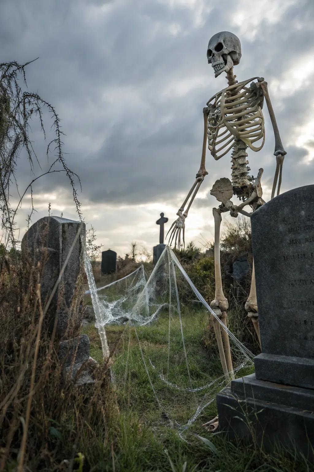 A graveyard scene featuring a towering skeleton.