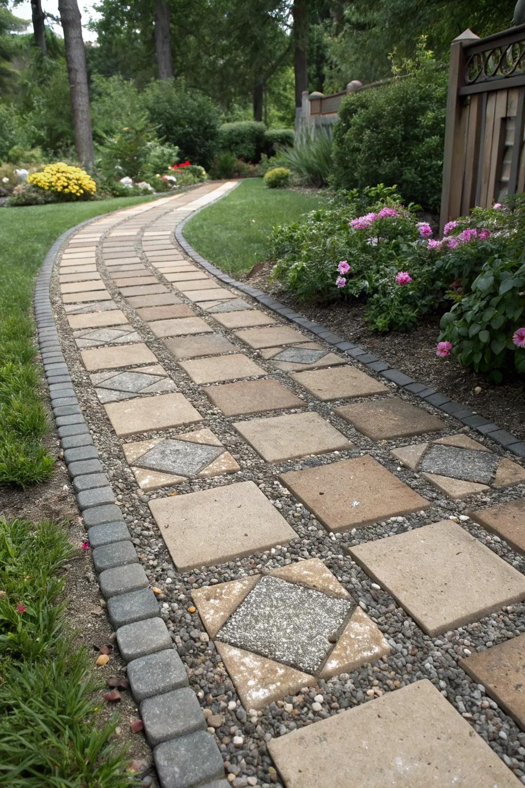 Showcase a textural fusion of tiles and stone pebbles for appealing visual engagement.