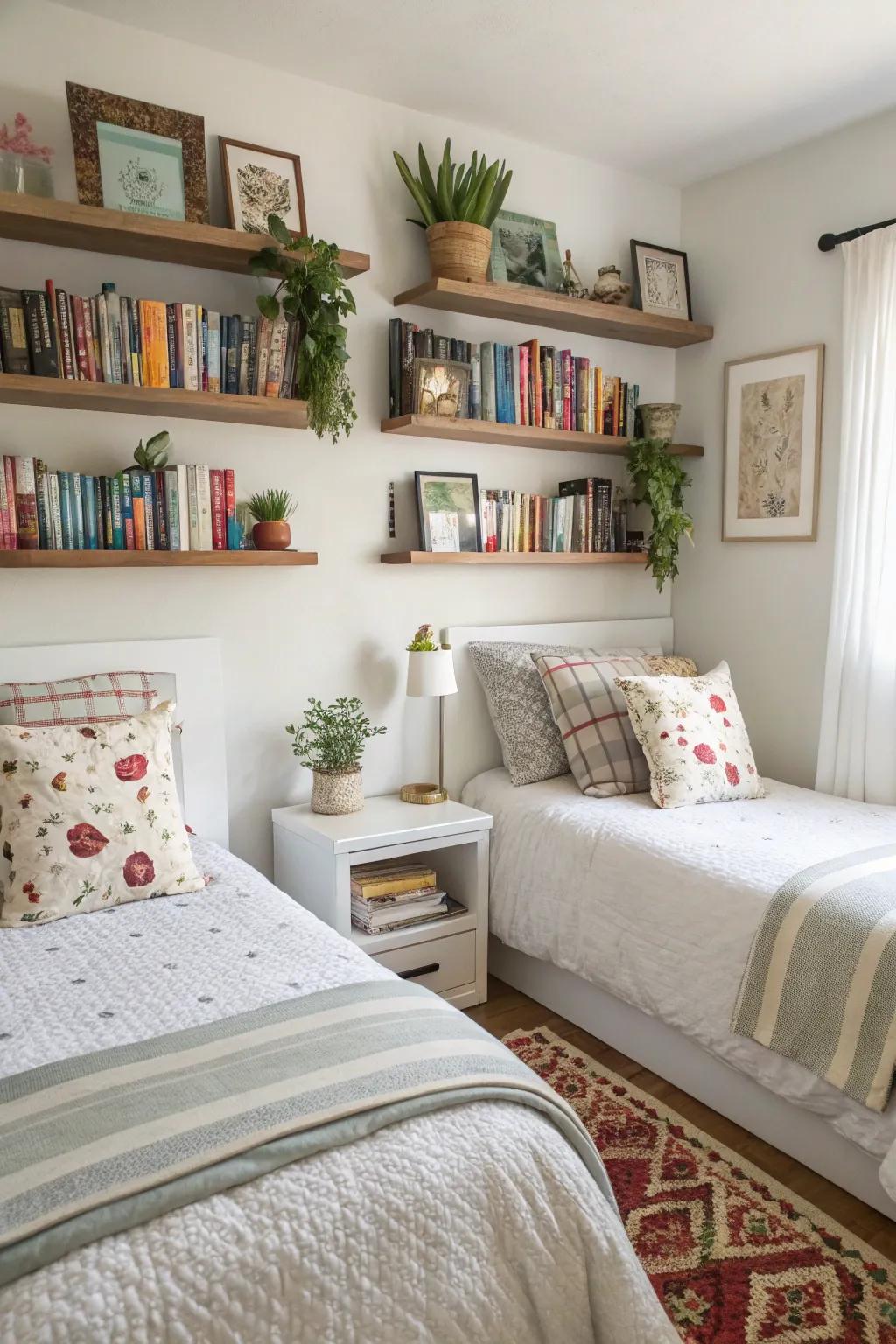 Floating shelves for space-saving decor.