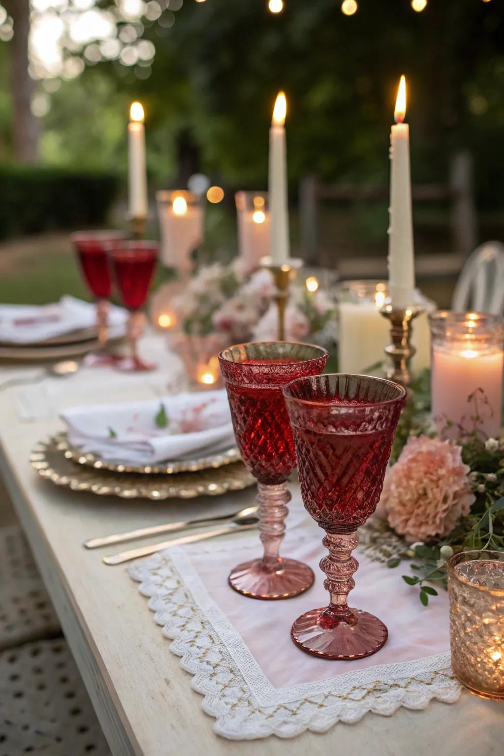Vintage ruby drinkware adds nostalgic allure.