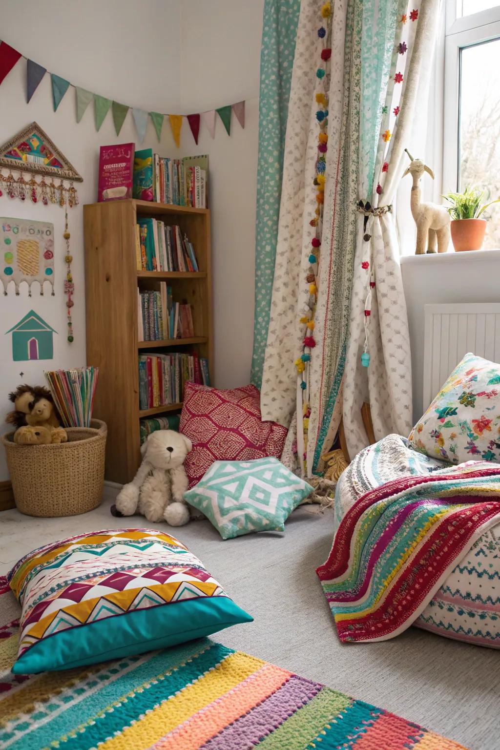 A vibrant sleeping quarter showcasing an entertaining amalgamation of patterns alongside textures.