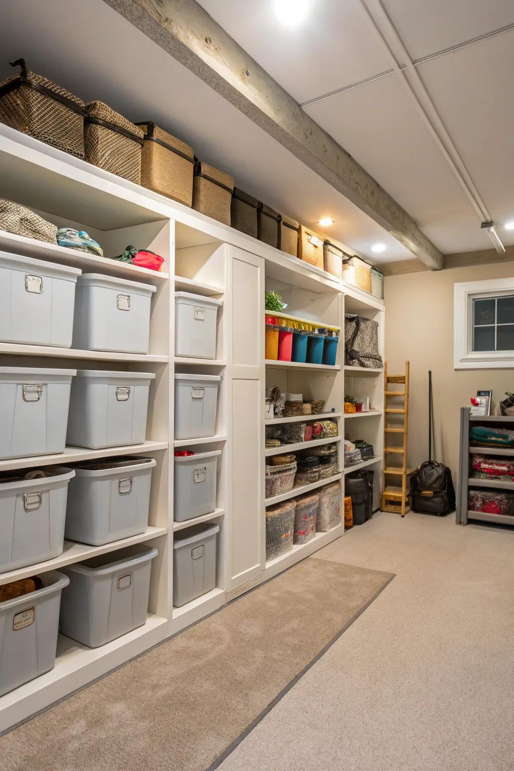Maximize basement space using smart storage solutions.