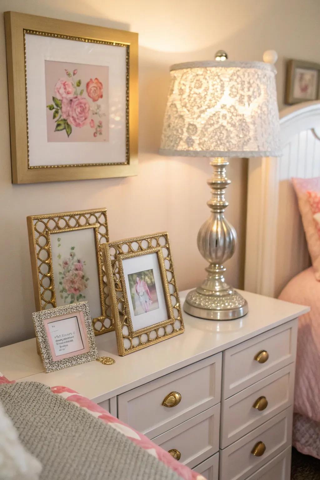 Gold and silver accents add elegance and charm.