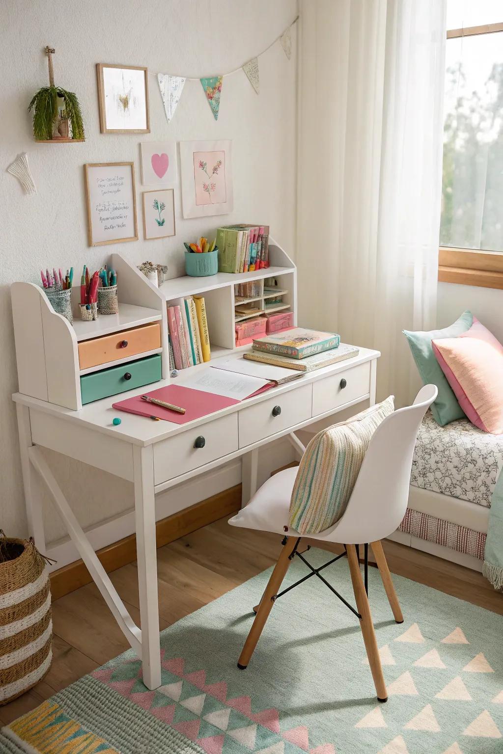 A adaptable work space adapts to her evolving needs for schoolwork and projects.