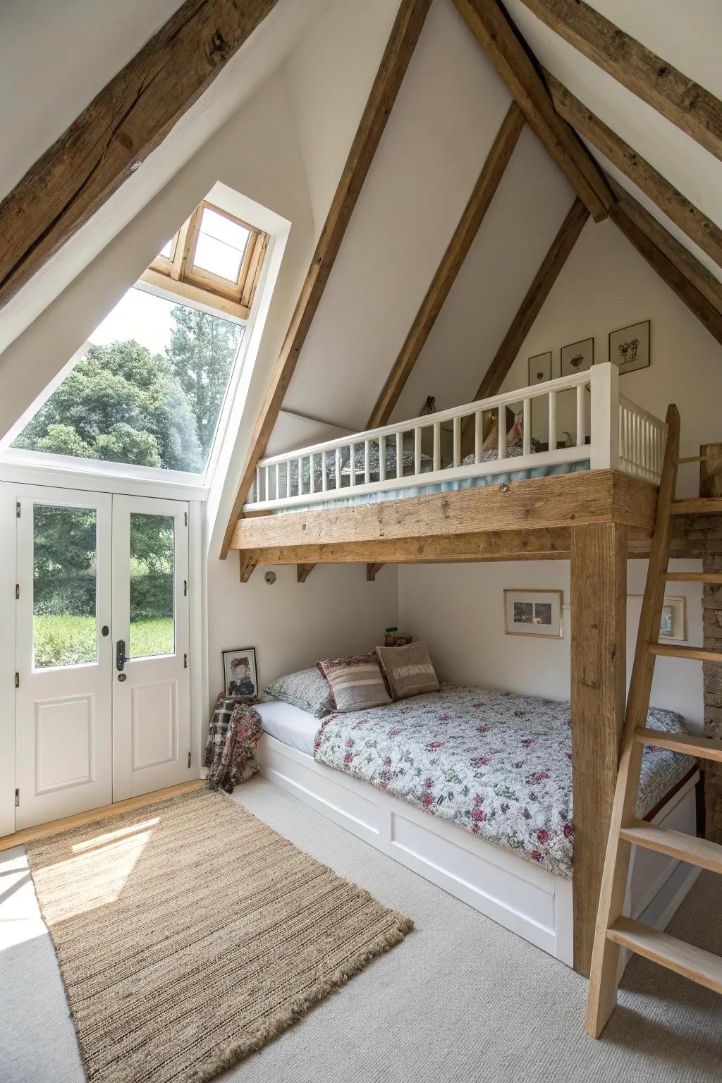 An elevated platform bed optimizes ground space within your attic.