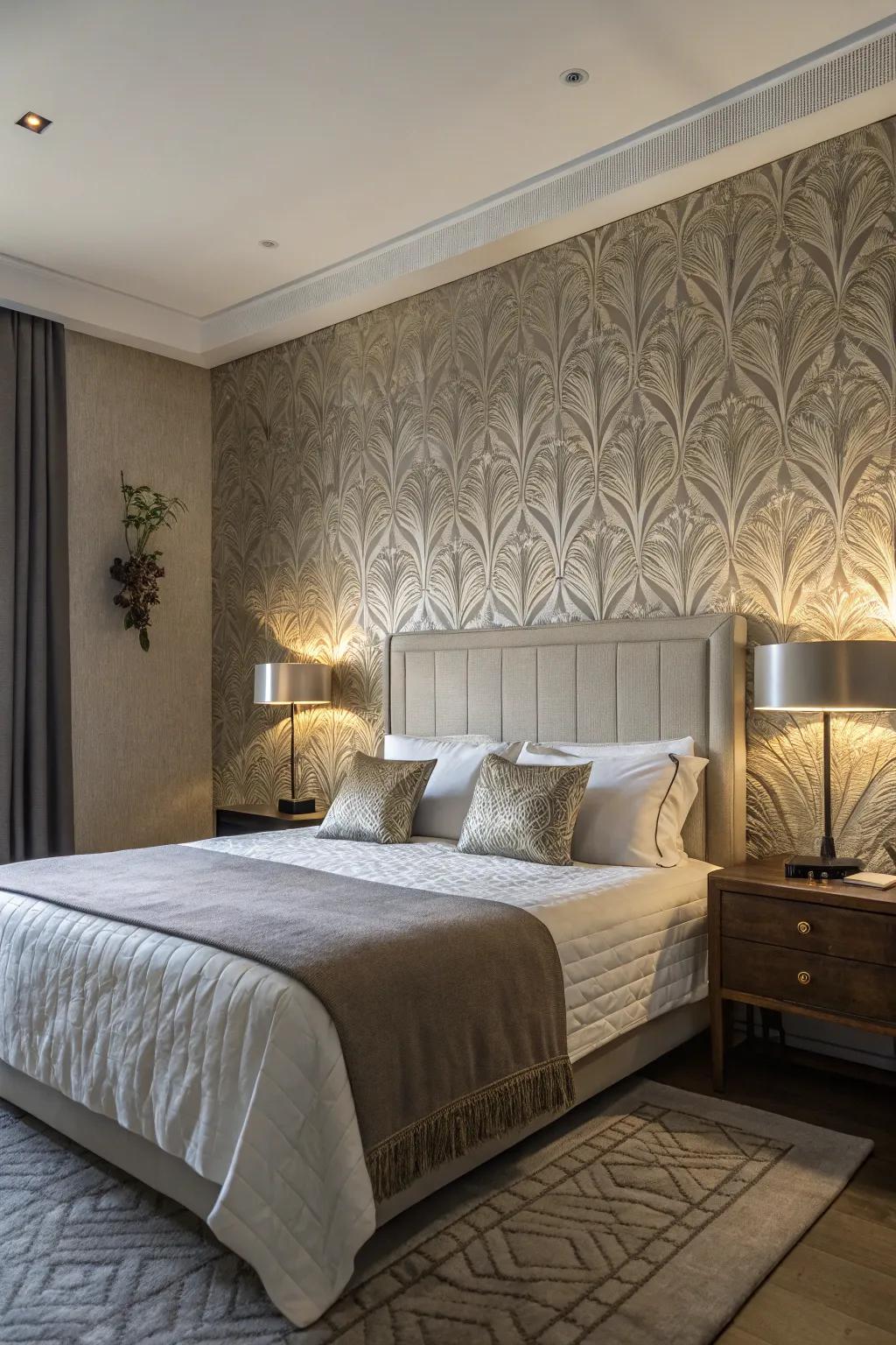 Textured wallpaper adds depth and interest above the bed.