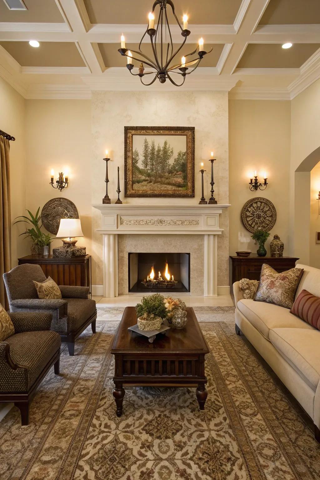 Symmetry establishes a balanced and harmonious aesthetic above the fireplace.