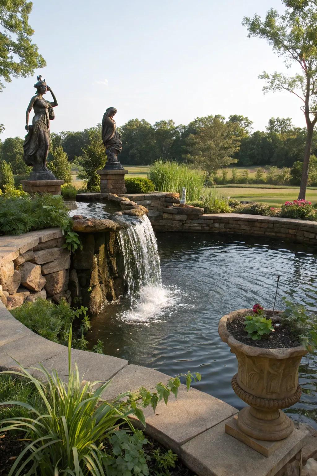 Fun statues add a personal touch to this above-ground pond.