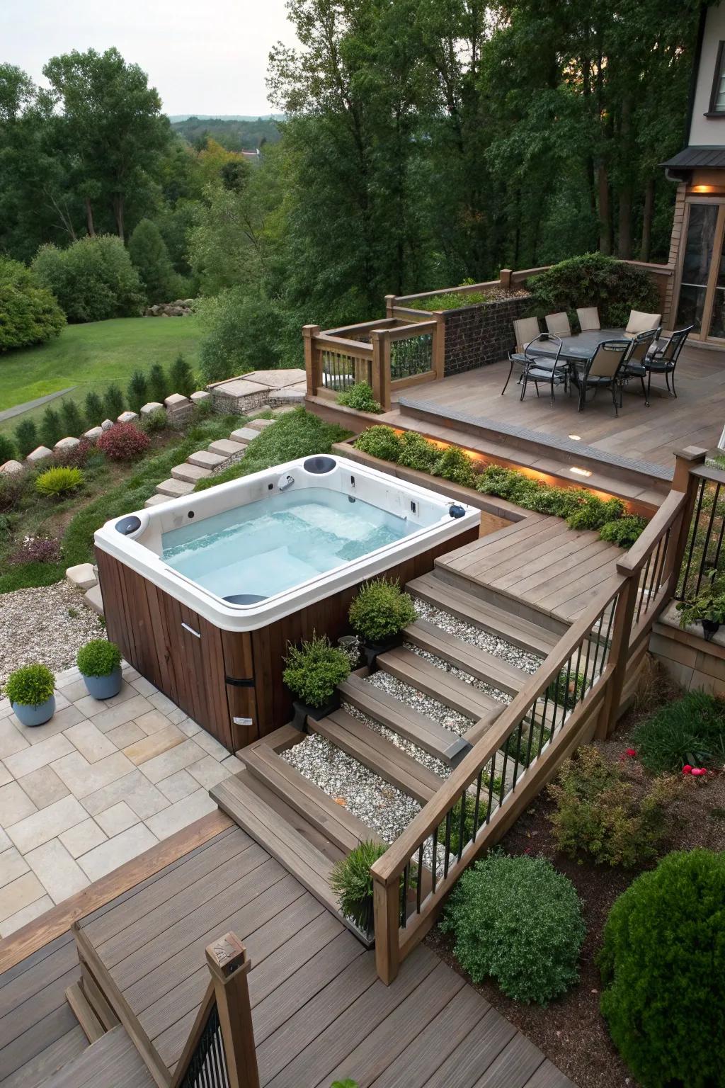 Landscaping with levels adds depth and interest to your spa space.