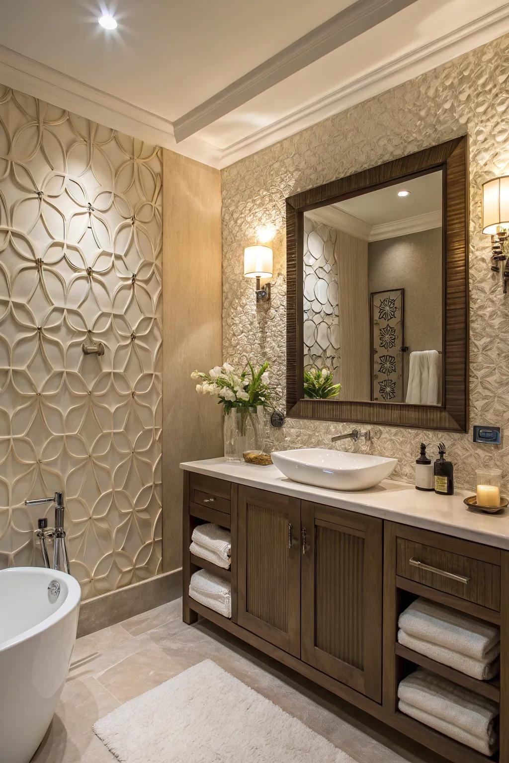 A bathroom featuring a textured feature wall adding dimension and interest.