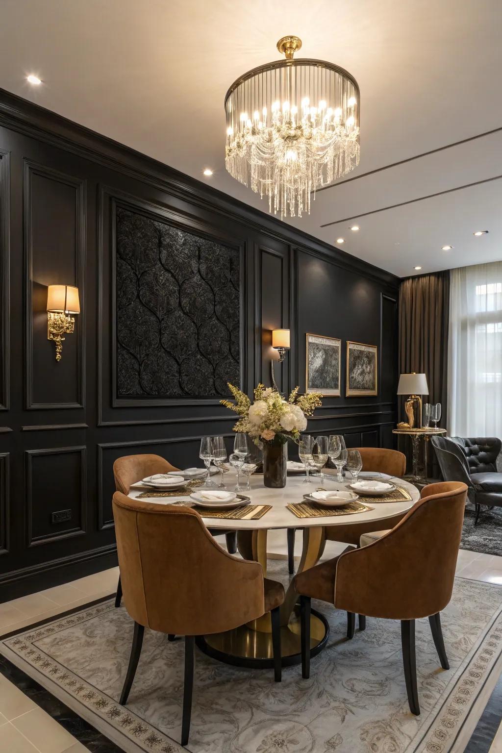 Jet feature walls fashion an audacious and polished expression.