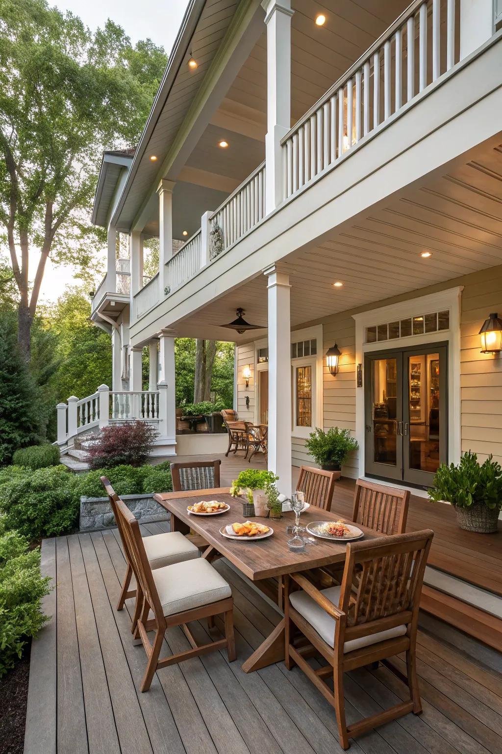 A vibrant split-level porch offering adaptable spaces.