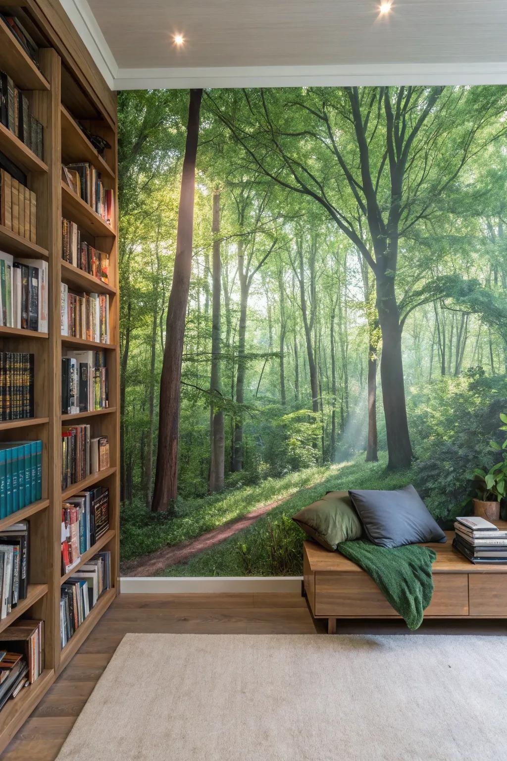 Incorporate the peace of the outdoors through nature-themed wall murals.