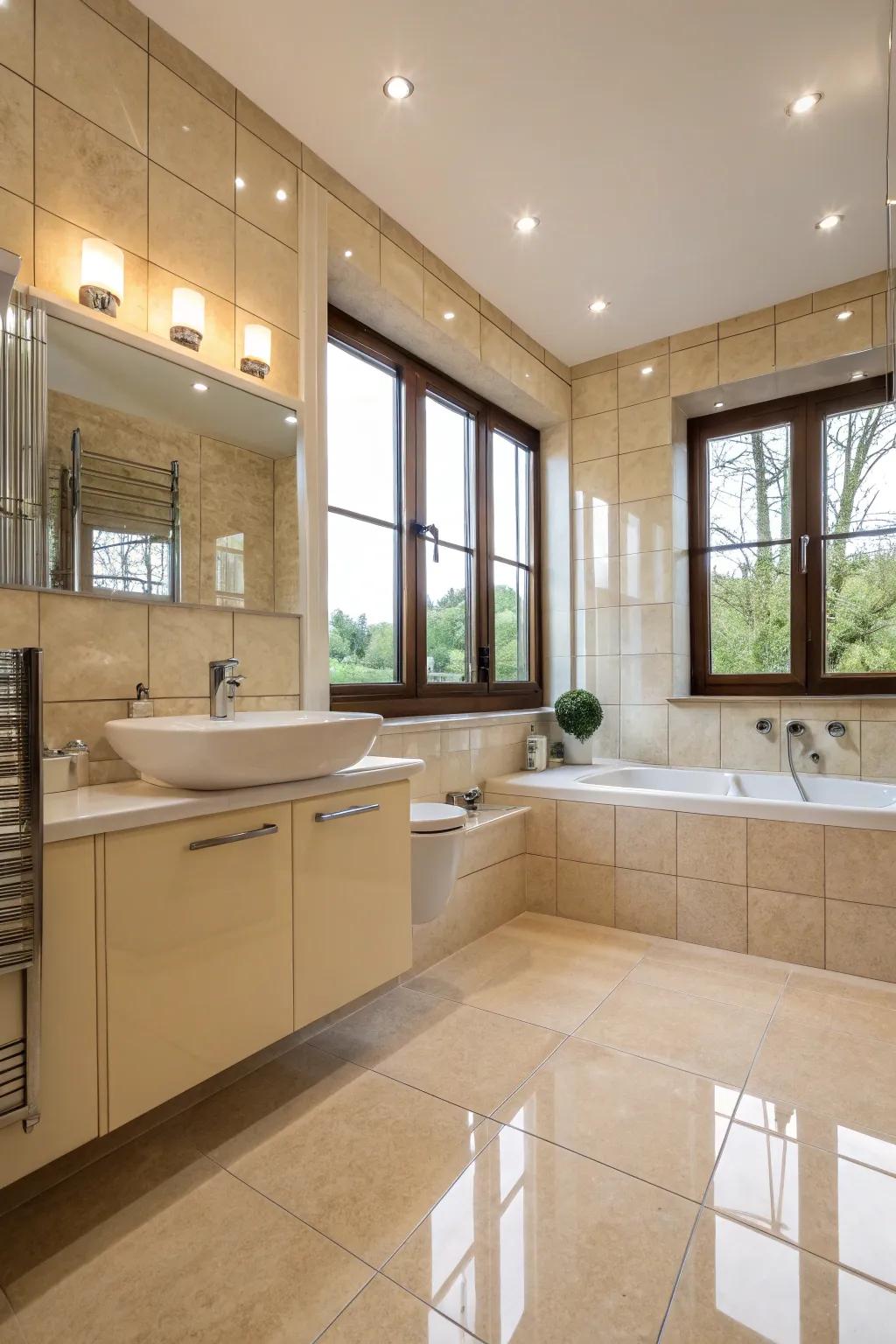Polished tiles enhance light and add a touch of glamour.