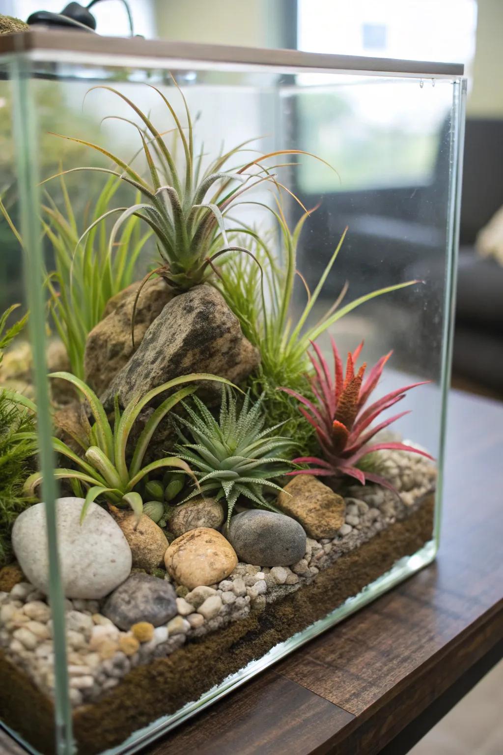 An aquarium converted into an innovative air plant display.